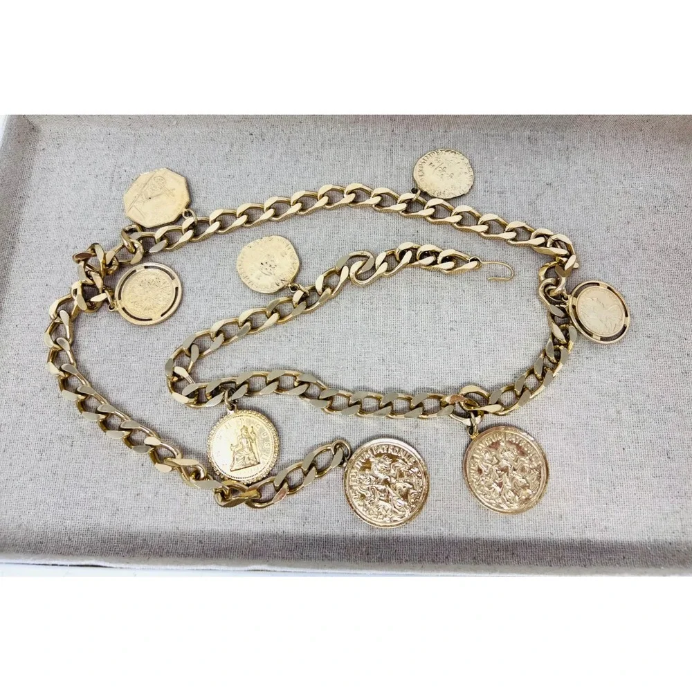 Vintage Gold Tone Curb Chain Coin Belt Statement Medallion Charms Adjustable